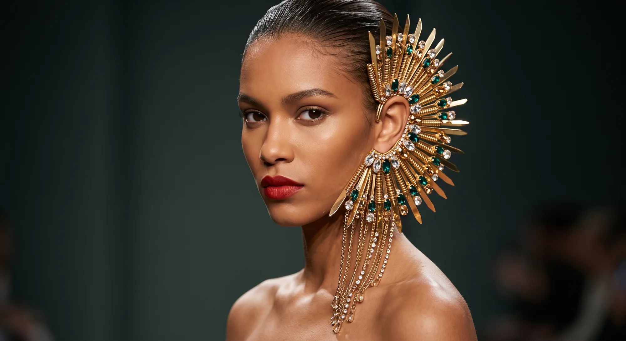 Bijou d’oreille de défilé en or serti de pierres blanches et vertes