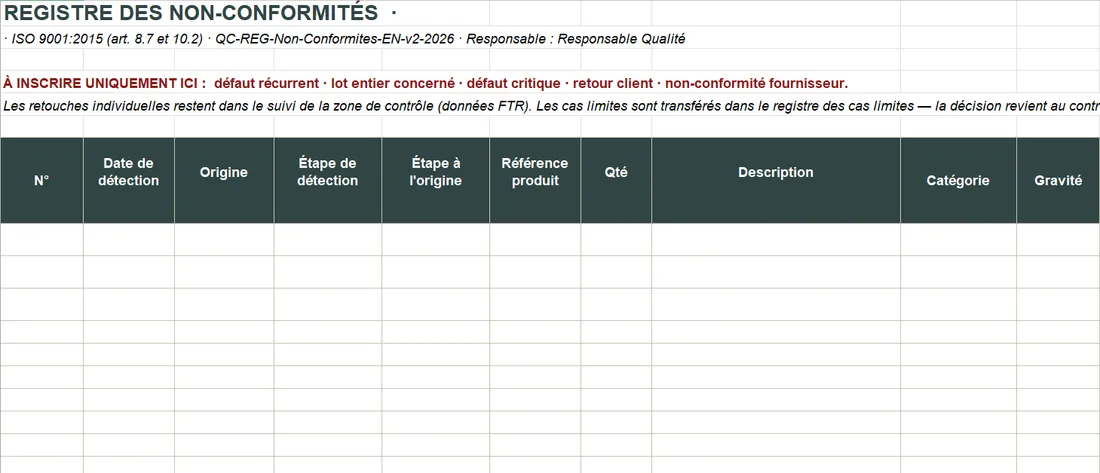 Extrait — registre des non-conformités (ISO 9001)